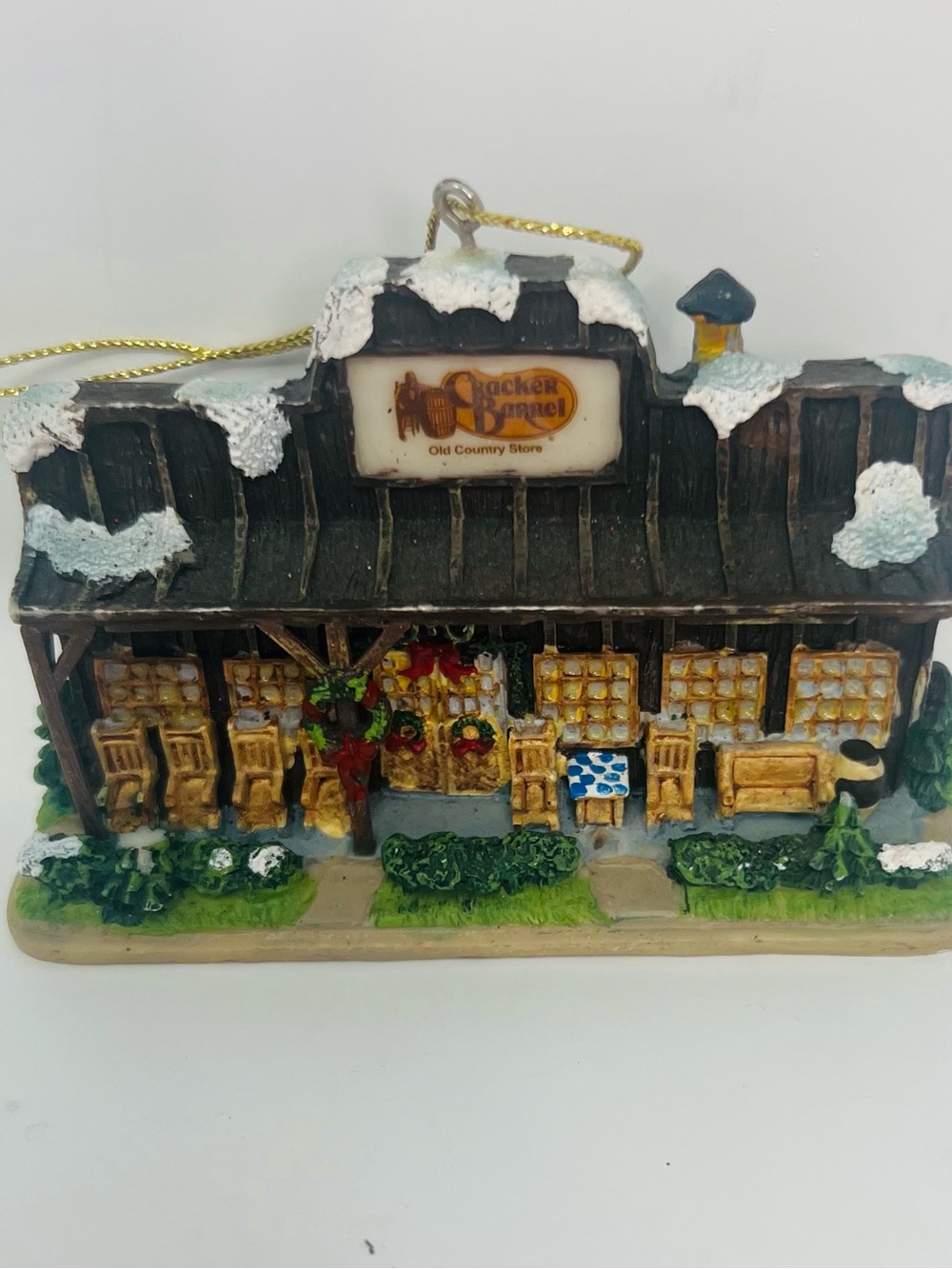 Vintage Cracker Barrel Christmas Ornament Store Front Rocking Chairs